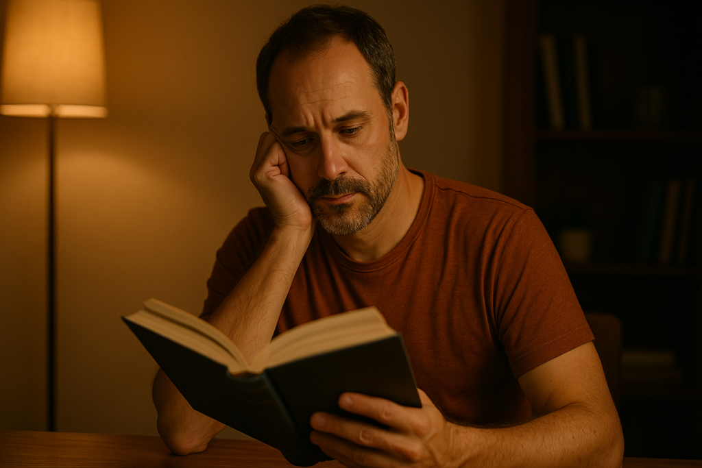 A light-skinned, middle-aged man with graying hair reads attentively in a warmly lit living room, surrounded by a cozy ambiance and soft interior lighting. His focused posture and evening routine symbolize mental wind-down and cognitive preparation for deep and REM sleep.
