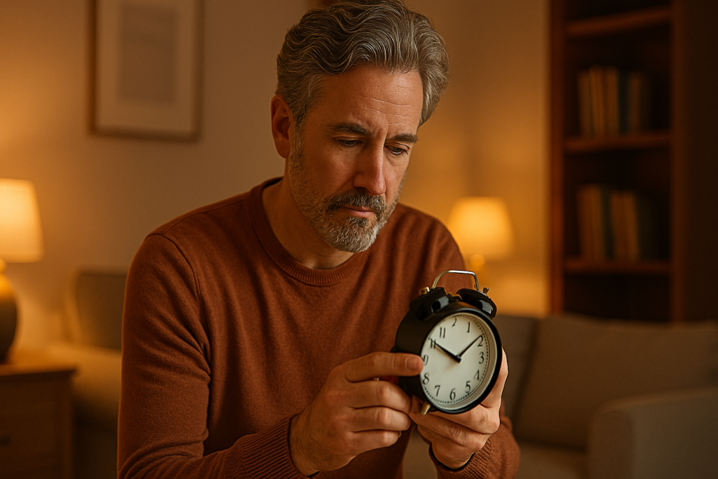 A middle-aged Caucasian man with salt-and-pepper hair adjusts a black analog alarm clock while seated in a warmly lit living room. The ambient lighting and relaxed mood underscore intentional sleep timing and circadian rhythm awareness as part of natural sleep hygiene.