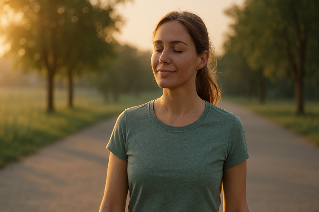 A young Caucasian woman walks along a quiet path surrounded by trees, bathed in soft natural morning light during golden hour. Her calm expression and the peaceful outdoor setting reflect the alignment of circadian rhythm with daylight exposure for better sleep and energy regulation.