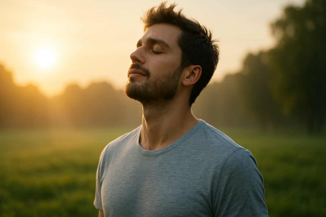 A young Caucasian man stands outdoors at sunrise with a calm, focused expression, basking in soft natural morning light. The serene setting and gentle sunlight reflect the importance of early light exposure for aligning circadian rhythm and resetting the body’s natural sleep-wake cycle.