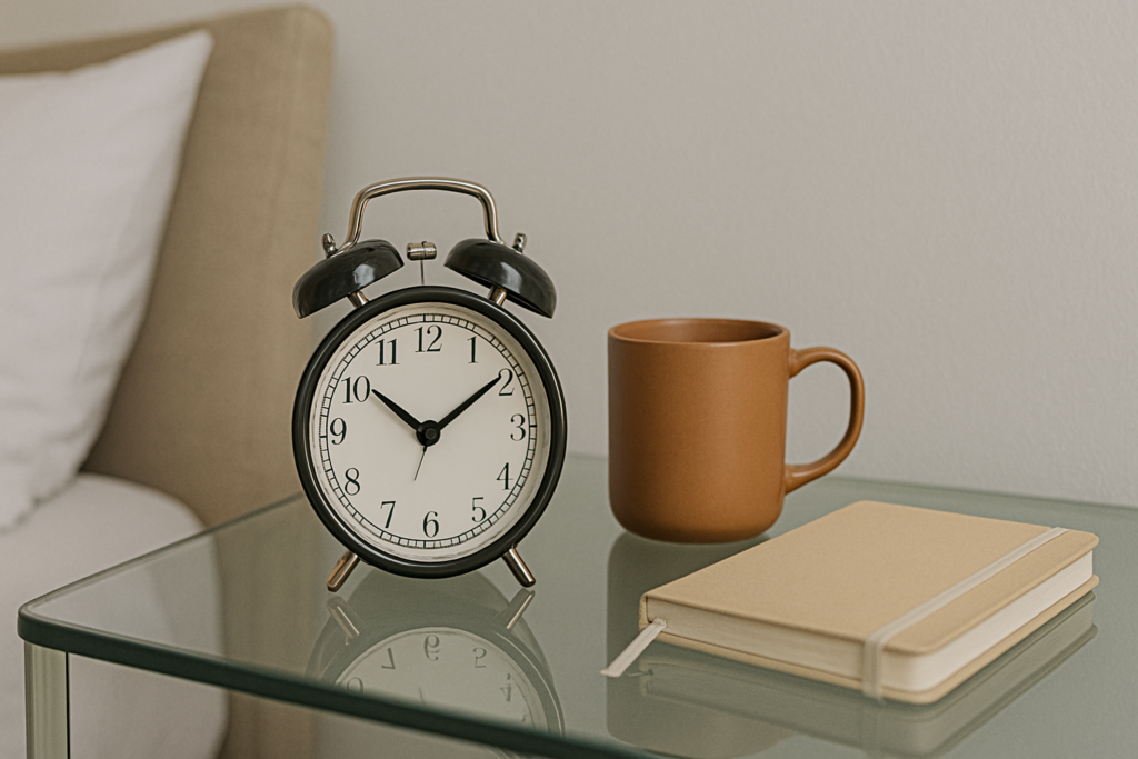 A glass-topped bedside table displays a black metal alarm clock, a terracotta mug, and a cork-textured notebook beside a neatly made bed in neutral lighting. The minimalistic setup symbolizes stable bedtime routines and environmental consistency in optimizing circadian rhythm and sleep health.