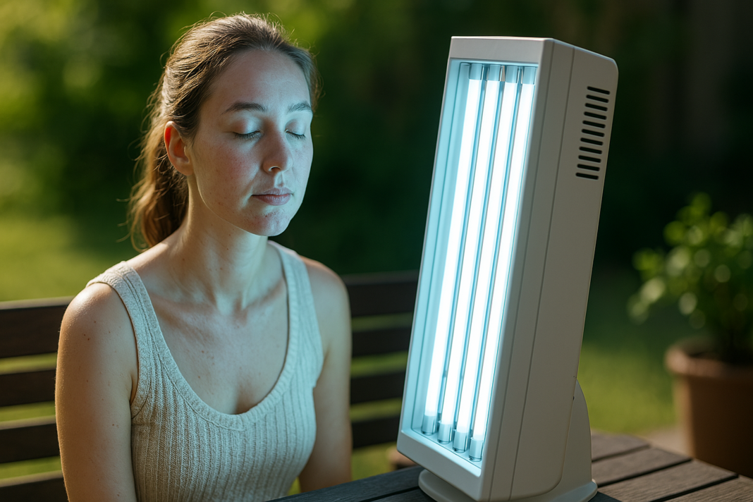 A young woman with fair skin sits calmly on a wooden bench in a tranquil outdoor setting, illuminated by a soft combination of natural morning sunlight and a focused beam of UV light therapy. The serene expression on her face and the gentle contrast in lighting reflect the calming, restorative effects of ultraviolet light treatment for skin health.