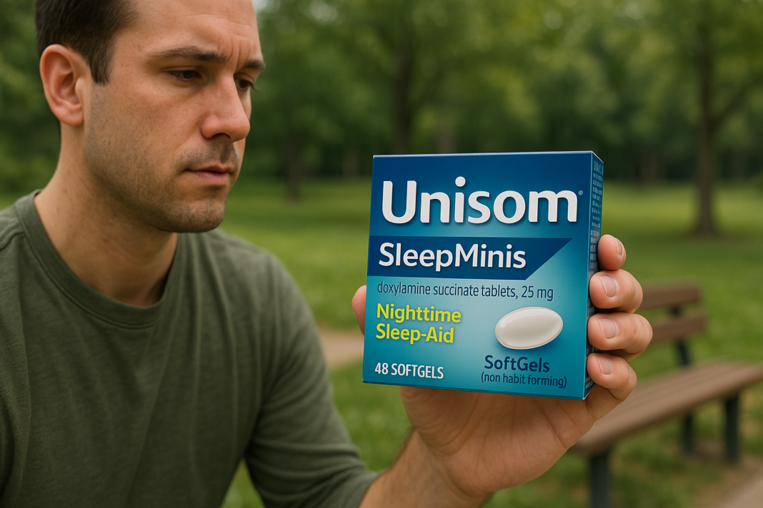A man in his late twenties stands in a park holding a box of Unisom SleepMinis in his hand, examining it with a serious expression. Framed in natural daylight with a blurred green background, the image directly ties into the theme of evaluating the effectiveness of doxylamine succinate sleep aids.