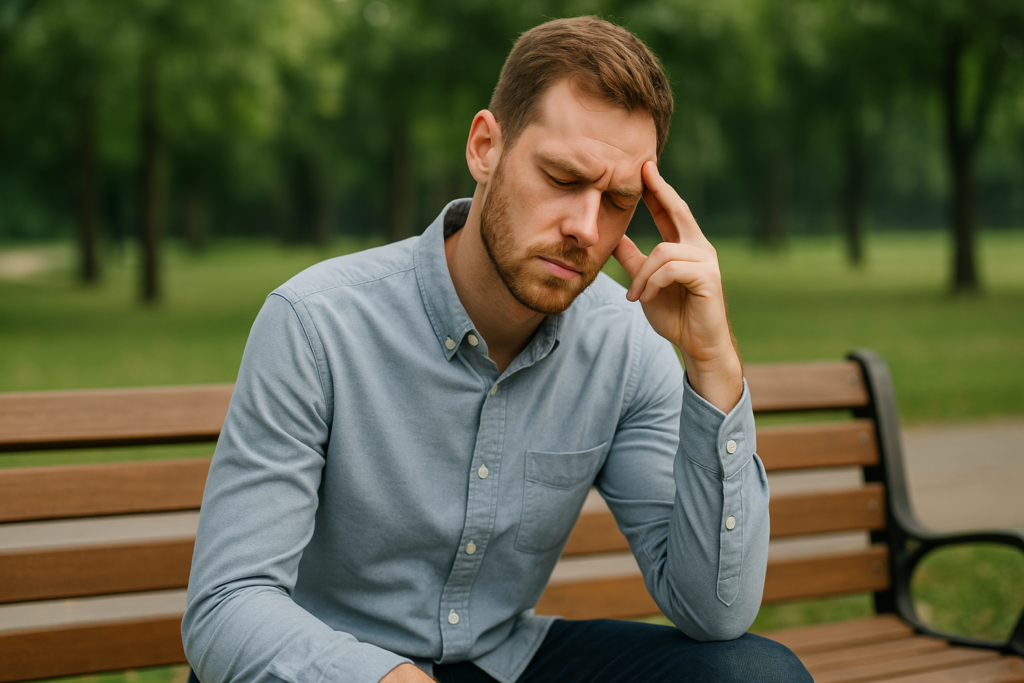 A young Caucasian man with short hair and a trimmed beard sits on a wooden bench under soft daylight, his expression thoughtful and fatigued. The peaceful outdoor setting and his pensive posture hint at his reflection on whether Unisom Non-Drowsy supports rest without causing next-day fatigue.