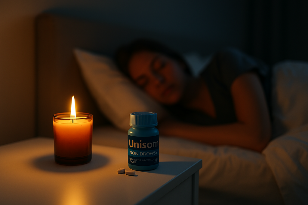 A dimly lit bedroom features a glowing candle beside a blue Unisom sleep aid bottle on a minimalist bedside table, while a woman rests quietly in bed. The warm, calming ambiance reinforces the article’s theme about achieving quality rest with sleep aids and explores whether such products support better sleep without grogginess the next day.