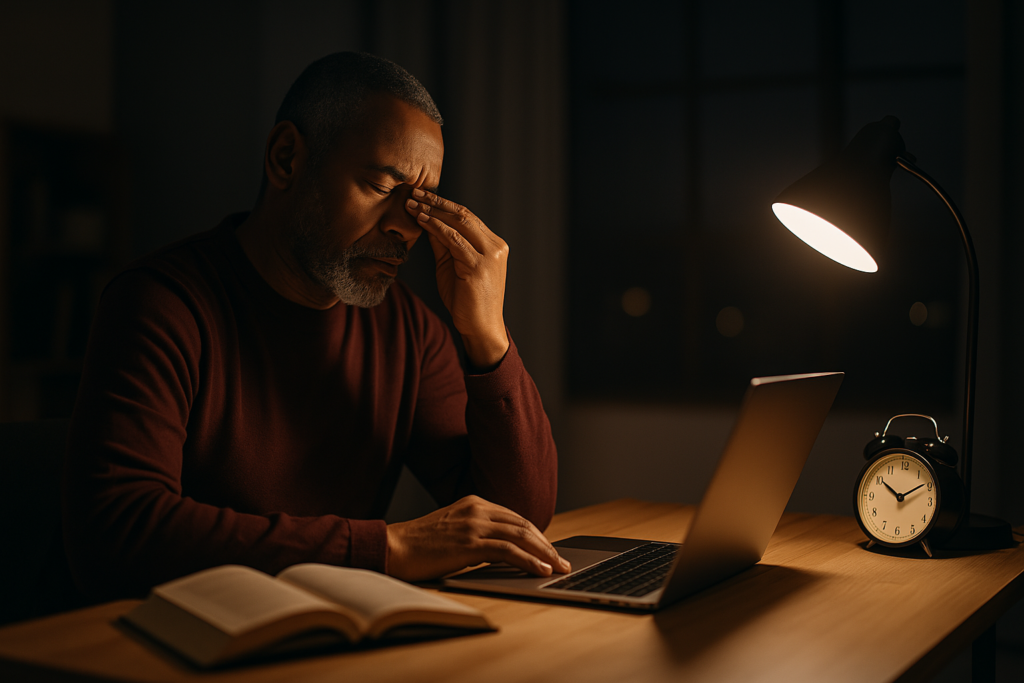 An older African American man sits at a wooden desk late at night, rubbing the bridge of his nose in visible fatigue, surrounded by a laptop, book, and alarm clock. The warm lamplight and dim room illustrate how disruptions to the body’s natural circadian rhythm can affect sleep quality, focus, and long-term vitality.