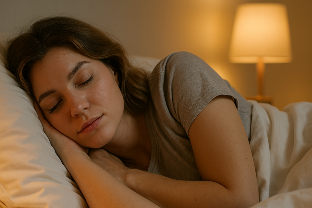A young Caucasian woman sleeps peacefully on her side in a dimly lit bedroom, softly illuminated by a warm bedside lamp. Her serene posture highlights the role of circadian rhythms in promoting restorative sleep, longevity, and emotional balance during nighttime hours.