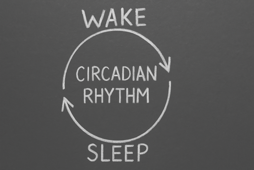 A close-up of a chalkboard shows a hand-drawn circadian rhythm diagram with bold white chalk lines, including arrows between the labeled “WAKE” and “SLEEP” phases and the phrase “CIRCADIAN RHYTHM” in the center. The minimalist design visually reinforces how the body clock regulates energy, focus, and longevity across a 24-hour cycle.