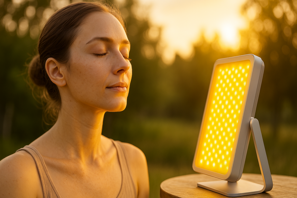 A young woman with fair skin sits outdoors under soft natural morning light, receiving yellow LED light therapy from a portable panel. The calm setting, blurred greenery, and gentle sunlight emphasize the soothing benefits of yellow light therapy for skin health and emotional wellness.