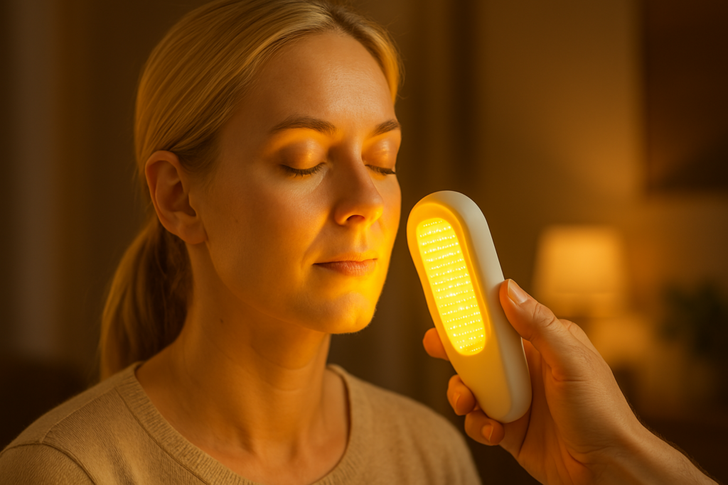A blonde woman with fair skin uses a handheld amber LED light therapy device indoors under warm ambient lighting. Her face glows gently as the yellow light enhances her complexion, reflecting the restorative power of yellow light therapy for skin rejuvenation and relaxation.