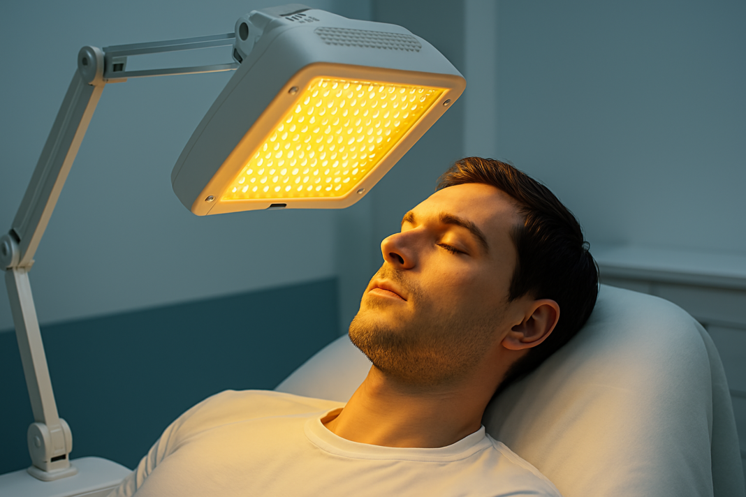 A young man undergoes yellow LED light therapy in a modern clinical environment with cool-toned lighting. The warm yellow glow of the overhead therapy panel contrasts with the sterile background, highlighting the effectiveness of yellow light therapy for skin treatment and human optimization in professional wellness settings.