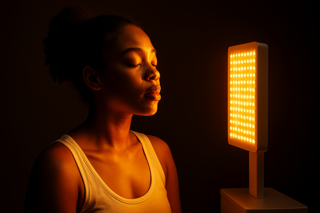 A young African American woman with a medium-brown complexion is bathed in amber light therapy under moody lighting with dramatic shadows. The gentle radiance of the yellow LED panel highlights her peaceful expression and enhances the atmosphere, demonstrating the calming and restorative benefits of yellow light therapy for emotional balance and skin wellness.