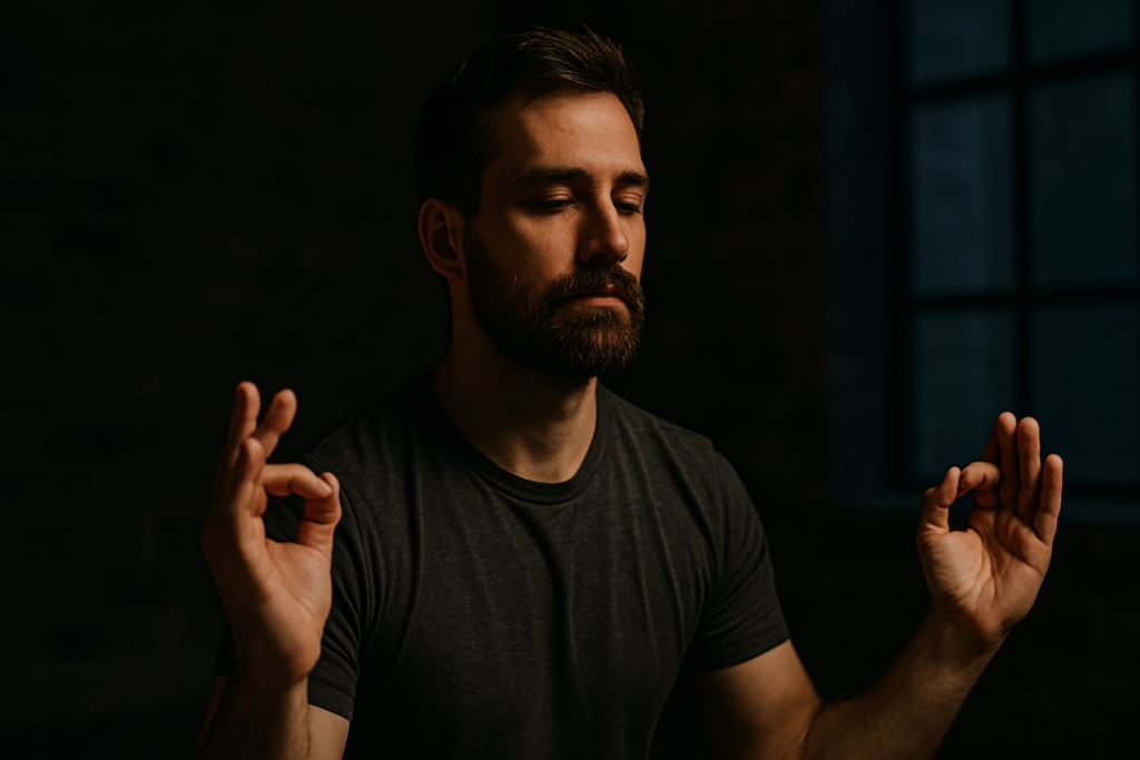 A bearded man in his 30s meditates in a quiet industrial-style room, bathed in moody, dramatic lighting that highlights his focused expression and the Gyan Mudra formed by his hands. The tranquil atmosphere and warm shadows reflect a mindful ritual for enhancing focus and energy naturally, without relying on artificial stimulation.