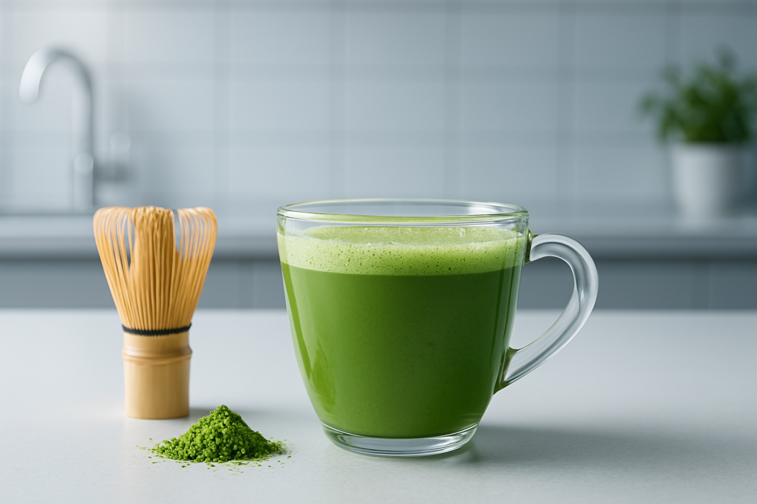 A glass cup filled with vibrant green matcha latte rests on a clean white countertop, illuminated by cool clinical lighting in a modern kitchen. The presence of a bamboo whisk and scattered matcha powder emphasizes natural stimulants for focus and energy, reflecting a clean, minimalistic approach to enhancing mental clarity.
