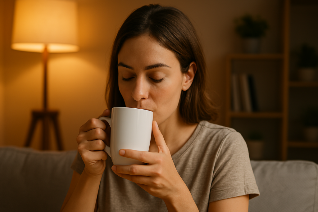 A young woman with shoulder-length brown hair sits peacefully in a warmly lit living room, holding a white mug and gazing thoughtfully into the distance. The cozy indoor setting and ambient lighting evoke a sense of calm and focus, visually representing natural stimulants for energy and mental clarity without overstimulation.