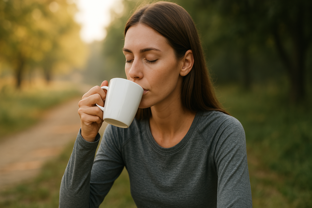 A young woman with chestnut-brown hair sits peacefully outdoors in the morning light, sipping from a white mug while surrounded by soft greenery and a dirt path. The serene, natural setting and warm sunlight emphasize natural stimulants for focus and energy, promoting mental clarity in a calm, mindful way.