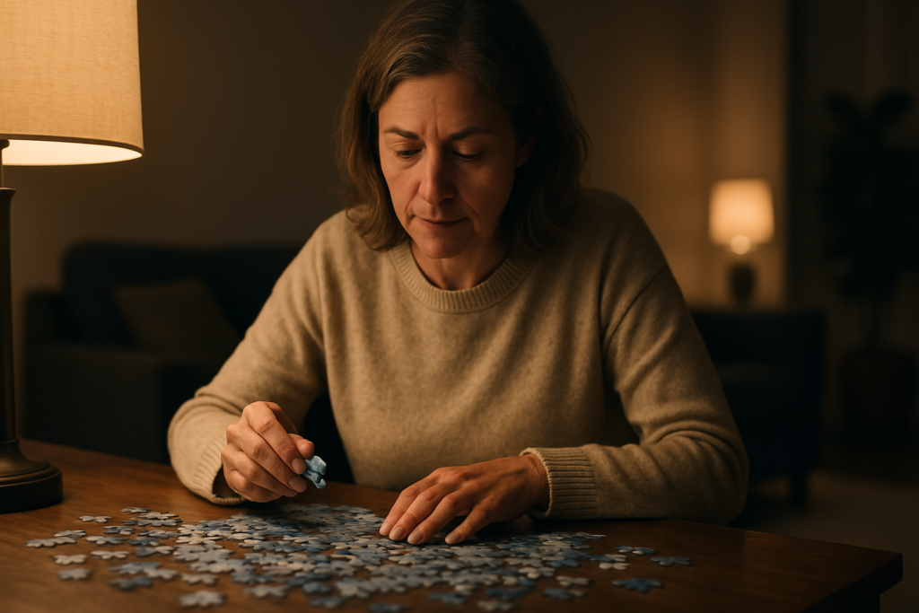 A light-skinned middle-aged woman with shoulder-length grayish-brown hair focuses intently on a jigsaw puzzle at a wooden table in a warmly lit living room. The soft night lighting and calm environment emphasize the value of mentally engaging activities for enhancing focus and supporting cognitive health naturally.
