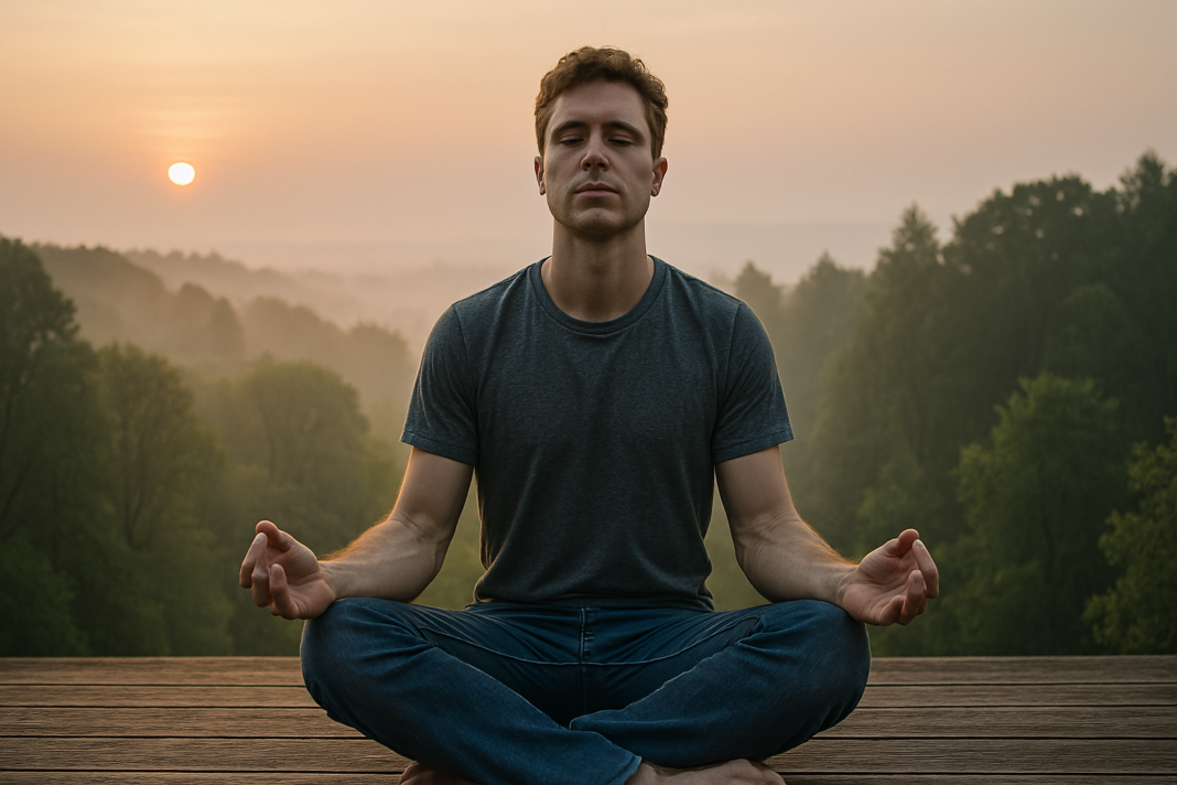 A young man in his late twenties meditates on a wooden platform at sunrise, overlooking a foggy forest with mist-shrouded trees. The soft golden morning light and peaceful expression suggest mindfulness as a natural way to improve focus and enhance mental clarity.