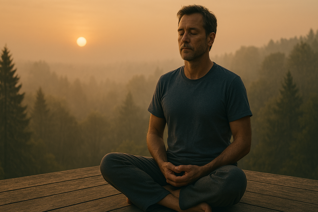  A middle-aged man with a calm expression meditates cross-legged on a weathered wooden platform as golden morning sunlight pierces through misty forest fog. The serene natural backdrop and his focused posture highlight the role of mindful rituals and nature immersion in enhancing concentration and cognitive wellness.