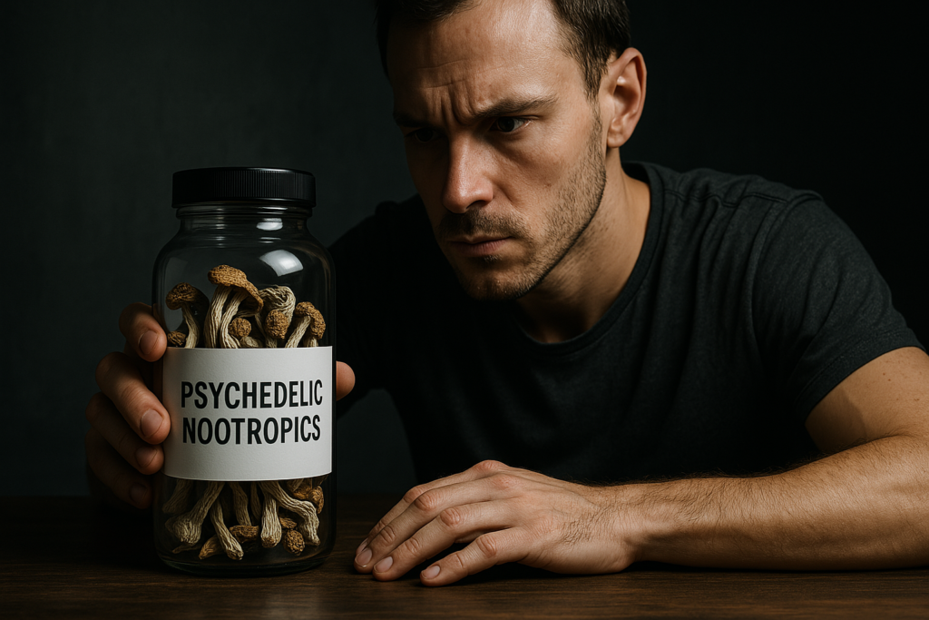 A photograph captures a Caucasian man in his late twenties closely examining a jar of psychedelic mushrooms under dramatic moody lighting. Seated at a dark wooden table, his thoughtful expression and the play of shadow and light evoke a contemplative atmosphere surrounding the use and curiosity about psychedelic nootropics.