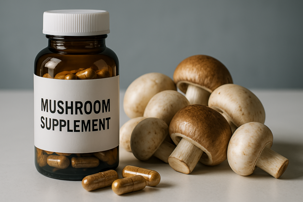 A digital photograph features a clear glass bottle labeled “Mushroom Supplement” surrounded by fresh white and brown mushrooms on a smooth, sterile white surface. Cool clinical lighting and a soft blue-gray background give the image a clean, professional aesthetic suited to discussions of mushroom supplement safety and efficacy.