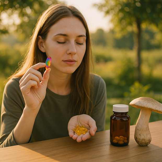 A photograph captures a young Caucasian woman with light brown hair sitting at a rustic wooden table in a peaceful outdoor setting, holding a psychedelic mushroom supplement capsule. Surrounded by nature and morning sunlight, the scene evokes the natural wellness appeal of nootropics and mushroom supplements in a serene, earthy context.