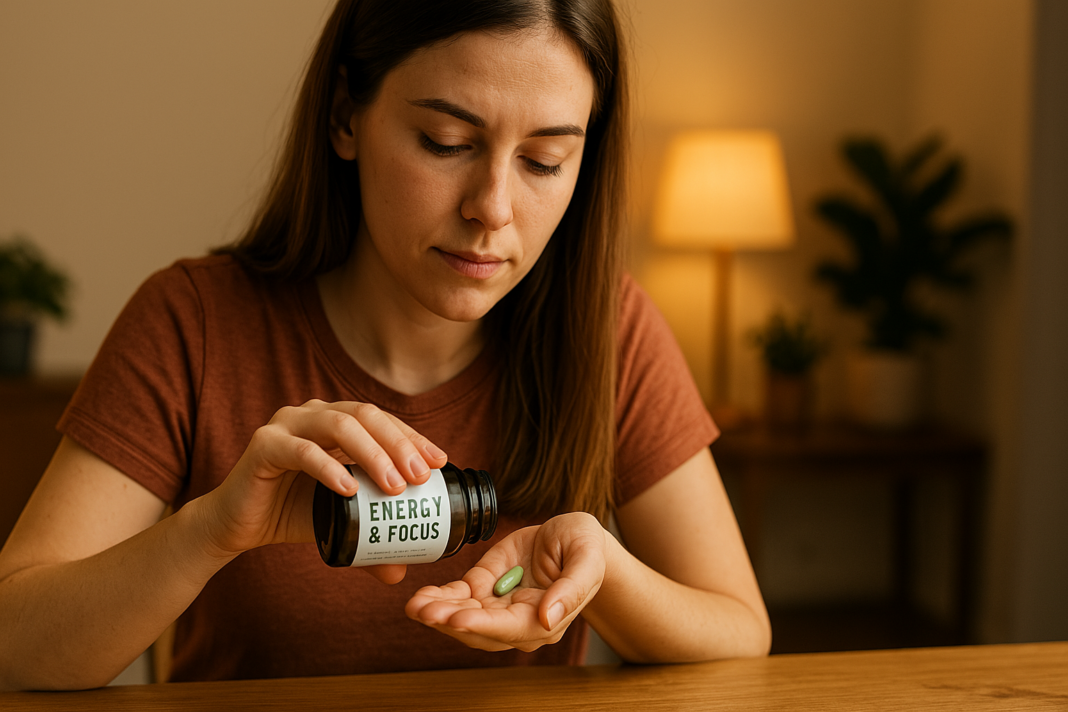 A woman in her early thirties sits at a wooden table indoors, gently pouring a green supplement capsule from an amber bottle into her palm under warm ambient lighting. The cozy, plant-filled setting emphasizes the calming ritual of taking natural supplements for focus and energy.