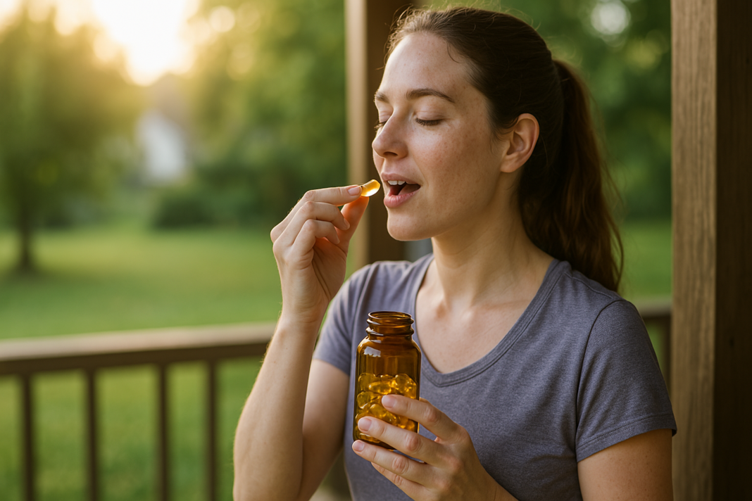 A woman in a gray T-shirt stands on a wooden porch, gently lit by morning sunlight, as she lifts a softgel vitamin from a bottle toward her mouth. Surrounded by greenery, the peaceful scene underscores natural ways to fight fatigue with science-backed supplements.