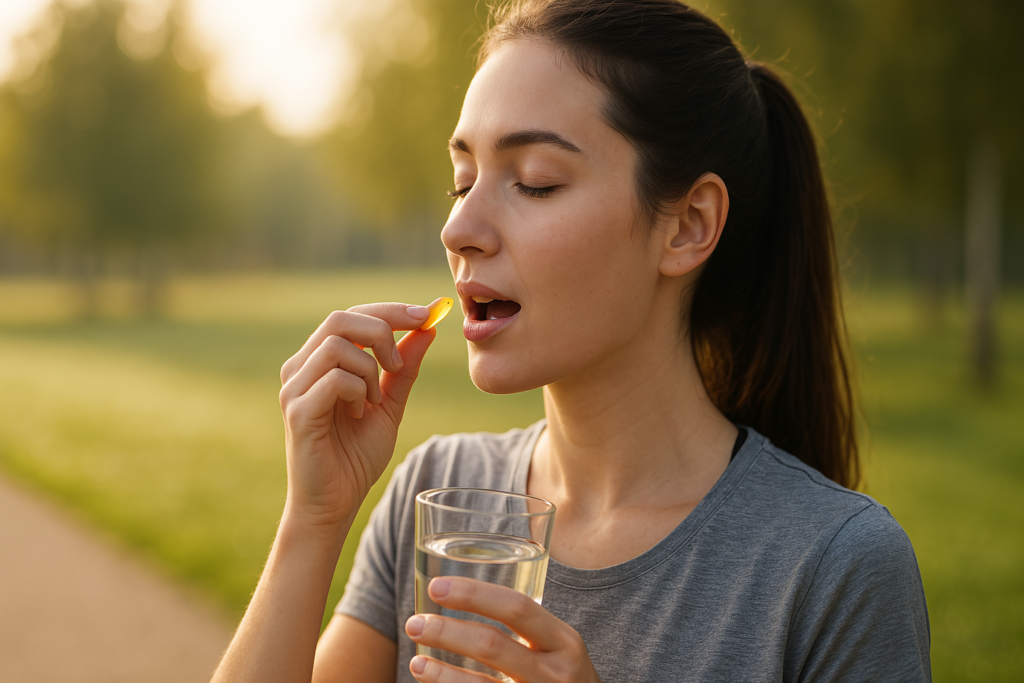In golden morning light, a woman prepares to take a yellow energy supplement while holding a glass of water in a tranquil park. Her serene expression and the blurred greenery around her emphasize the wellness benefits of natural vitamins for energy and vitality.