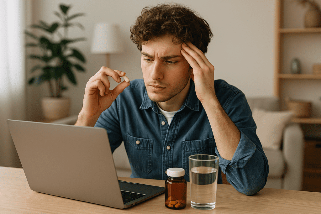 Young man concentrating at a laptop while holding a dietary supplement capsule, with a supplement bottle and glass of water on a wooden table in a cozy home environment, symbolizing focus and cognitive support through nutrition.