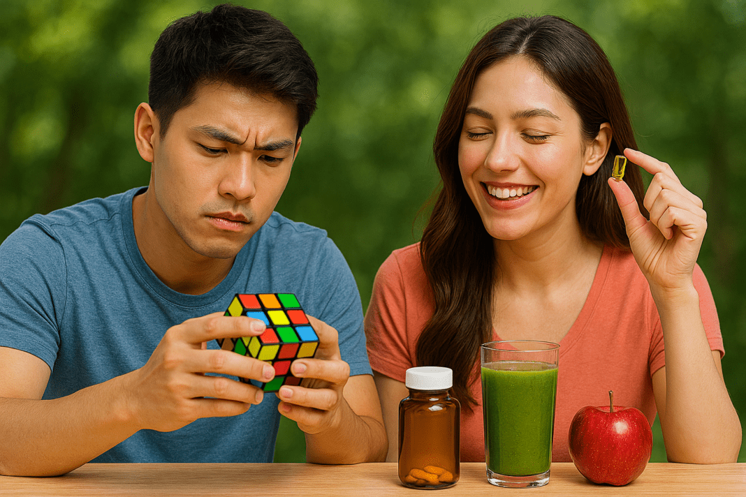 Young man solving a Rubik’s Cube and smiling woman holding a supplement capsule, seated at an outdoor table with a green smoothie, red apple, and amber pill bottle, symbolizing cognitive stimulation and youthful wellness through healthy lifestyle choices.
