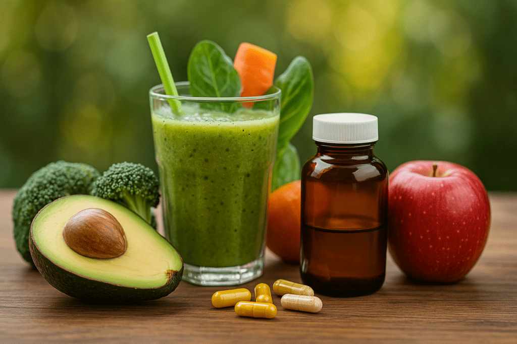Vibrant display of fresh fruits and vegetables including avocado, broccoli, apple, and carrot alongside a green smoothie, dietary supplement capsules, and an amber bottle on a wooden table, promoting natural nutrition and healthy lifestyle for cognitive wellness.