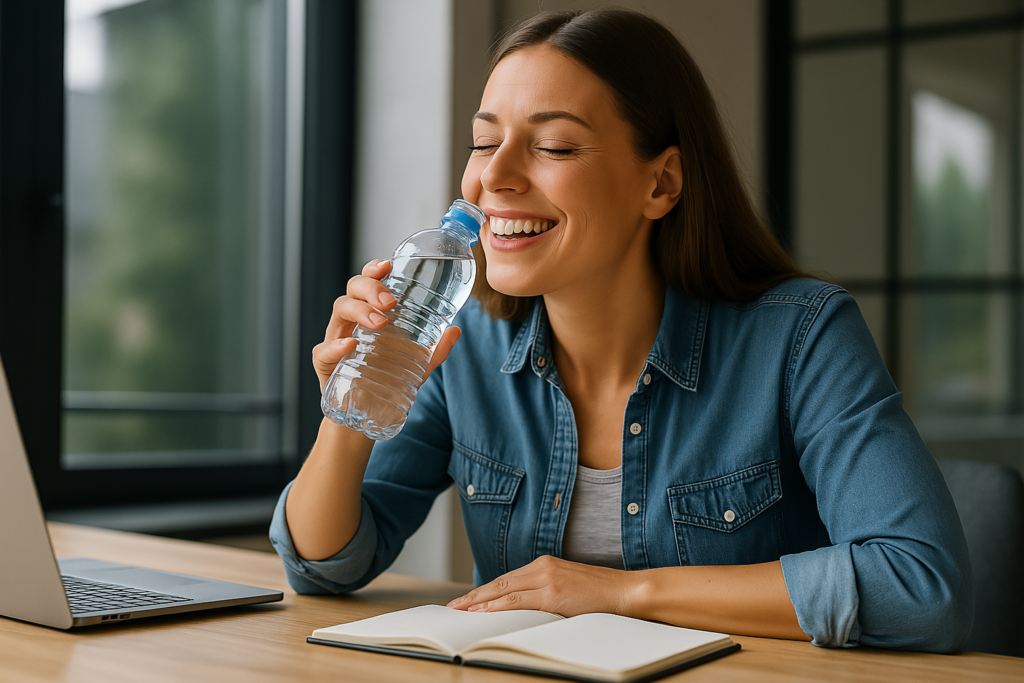 A photorealistic image shows a cheerful young woman with chestnut brown hair drinking water from a clear bottle while seated at her desk in a bright, modern workspace. Bathed in soft daylight, the scene emphasizes the importance of hydration as part of the best strategies for a healthy afternoon, supporting energy and focus naturally.