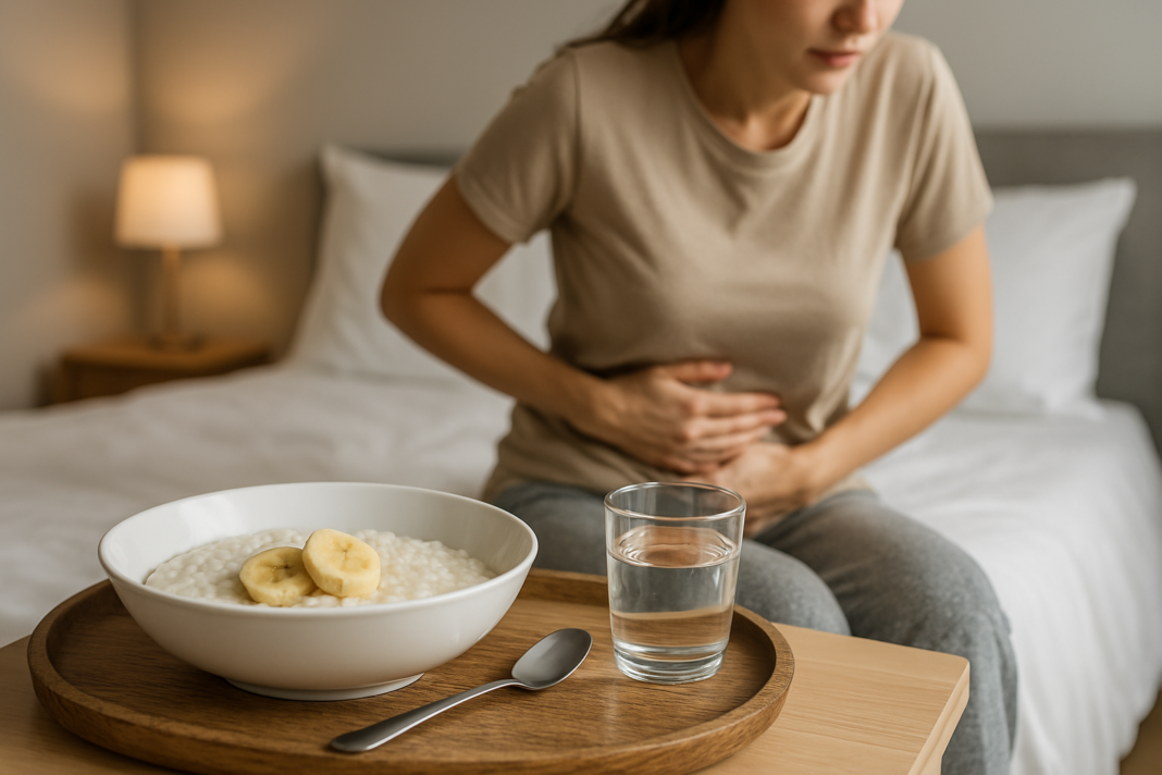 A warm bowl of banana-topped rice porridge sits on a wooden tray beside a glass of water in a softly lit bedroom, with a woman in the background sitting on the bed, gently clutching her stomach. The cozy morning light and clean, minimal setting highlight gentle, nutritionist-approved foods ideal for stomach discomfort and digestive recovery.