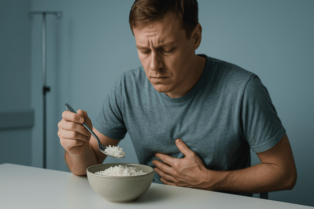 A young man in a gray t-shirt sits at a clinical table under cool lighting, holding his stomach with one hand while slowly lifting a spoonful of plain white rice from a bowl. The subdued setting and sterile background emphasize gentle foods for an upset stomach, reflecting a nutritionist-approved approach to digestive recovery.