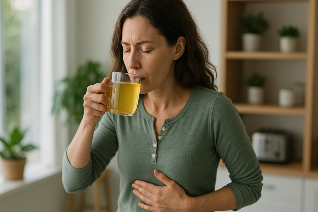 A woman in a green top gently sips herbal tea from a clear glass while holding her stomach in a softly lit modern kitchen filled with plants and wood accents. The scene reflects a calm, supportive environment for easing stomach discomfort with nutritionist-approved remedies like warm, soothing beverages.