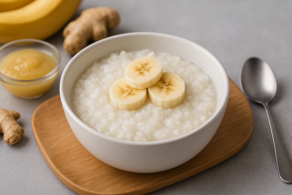 A white ceramic bowl filled with creamy rice porridge is topped with neatly arranged banana slices, set on a wooden coaster beside a spoon, with applesauce, fresh ginger, and bananas in the softly blurred background. The clean, minimal composition and gentle lighting highlight easy-to-digest, nutritionist-approved foods ideal for soothing an upset stomach.