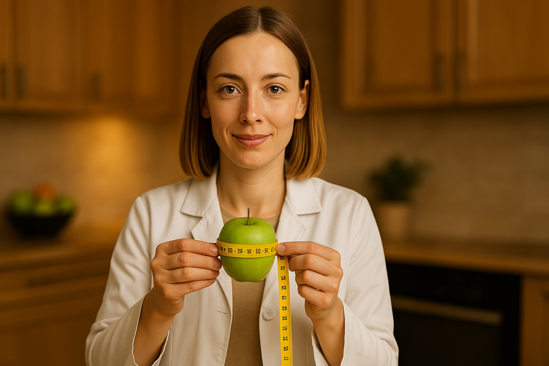 A wide-angle photorealistic image features a female nutritionist in her 30s standing in a warmly lit kitchen, holding a green apple wrapped with a yellow measuring tape. Dressed in a white lab coat, she stands confidently against a backdrop of honey-toned cabinetry and fresh fruit, visually emphasizing balanced nutrition as a natural approach to weight loss.