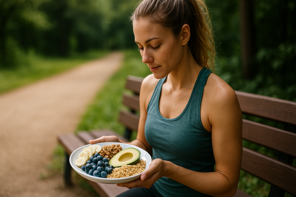 A young woman with a fit build sits on a wooden bench in a serene park, holding a plate of healthy, calorie-dense but low-fat foods like avocado, walnuts, and blueberries. Soft natural daylight and a blurred background of greenery visually reinforce the theme of smart, energy-rich eating for sustained vitality.