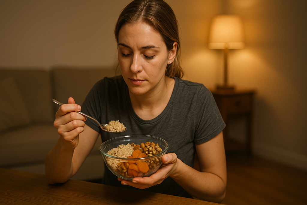 A blonde woman sits in a warmly lit, minimalist kitchen, calmly enjoying a nutrient-dense meal featuring whole grains and fruit. The ambient lighting and intimate indoor setting emphasize the importance of mindful eating and smart food choices that support energy without excess fat.