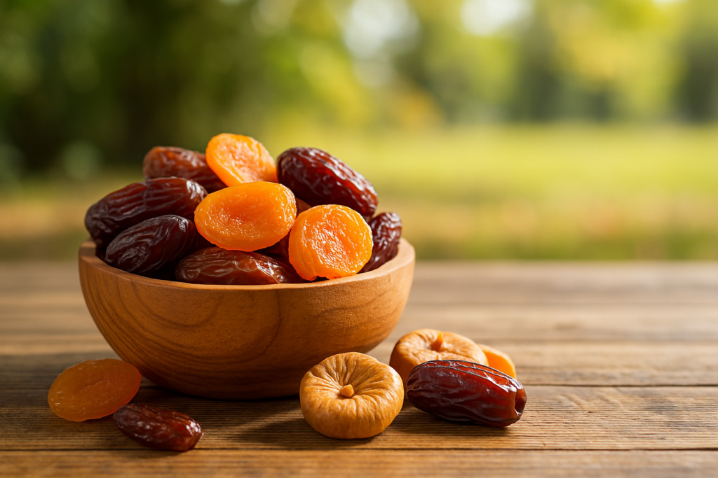 A high-resolution photograph showcases a small, round wooden bowl filled with dried dates, figs, and apricots placed on a rustic wooden table. The warm, natural lighting highlights the textures of the dried fruits, visually reinforcing their role as nutritious, energy-dense afternoon snacks ideal for busy professionals and athletes.