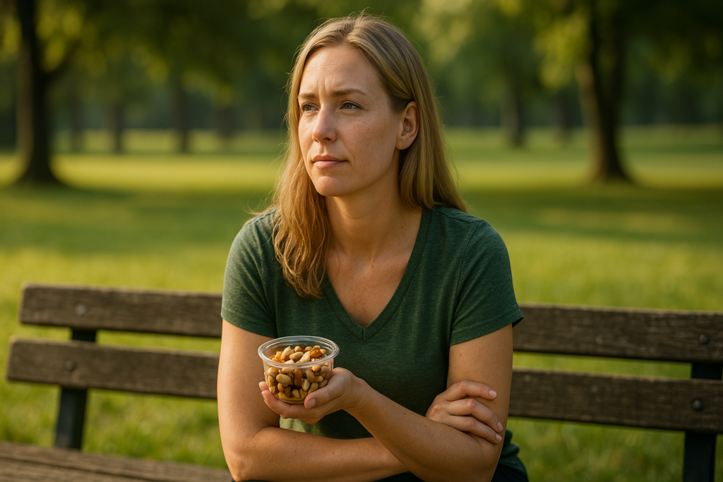 A pensive woman in her early thirties holds a container of nuts while seated on a weathered bench in a sun-dappled park. The natural textures and tranquil expression visually communicate the article’s theme of choosing healthy, filling foods that are low in fat but high in energy.