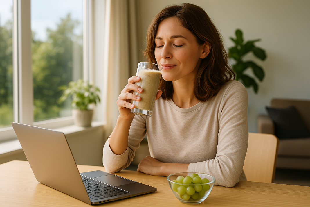 A photorealistic image captures a light-skinned woman in her 30s sitting at a wooden dining table in soft morning light, sipping a smoothie while overlooking a garden through a large window. The scene blends natural warmth and calm energy, highlighting mindful eating and the best strategies for a healthy afternoon through a balanced start to the day.