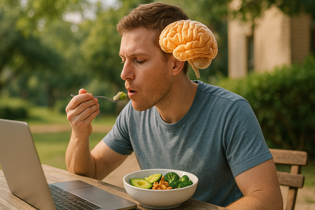 A photograph taken during daytime showcases a young man in his late 20s eating a keto meal at a rustic outdoor table while working on a laptop, with a glowing brain hologram beside him. The soft natural morning light highlights the garden setting, emphasizing the cognitive benefits of ketosis in a serene environment.