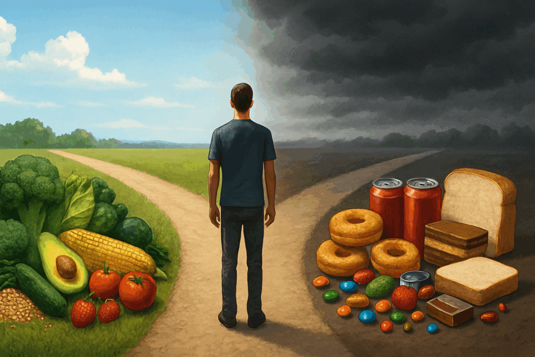 Person standing at a crossroads choosing between whole foods and processed snacks, symbolizing why too much carbs are bad for long-term health