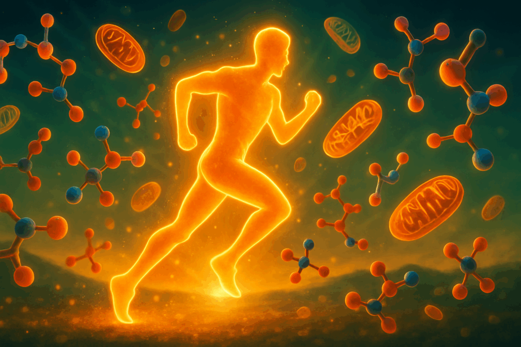 Human silhouette running energetically with glowing molecules, visually illustrating how protein and energy are connected inside the body.