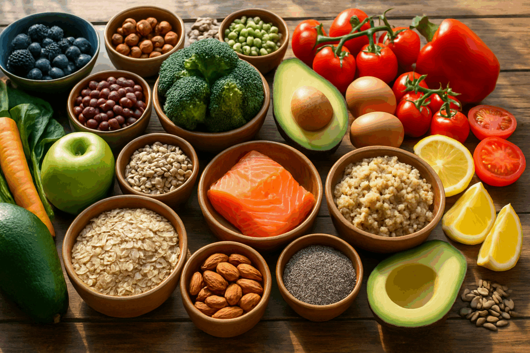 Colorful spread of fruits, vegetables, whole grains, and lean proteins on a rustic table, symbolizing obtaining the food necessary for health and growth.