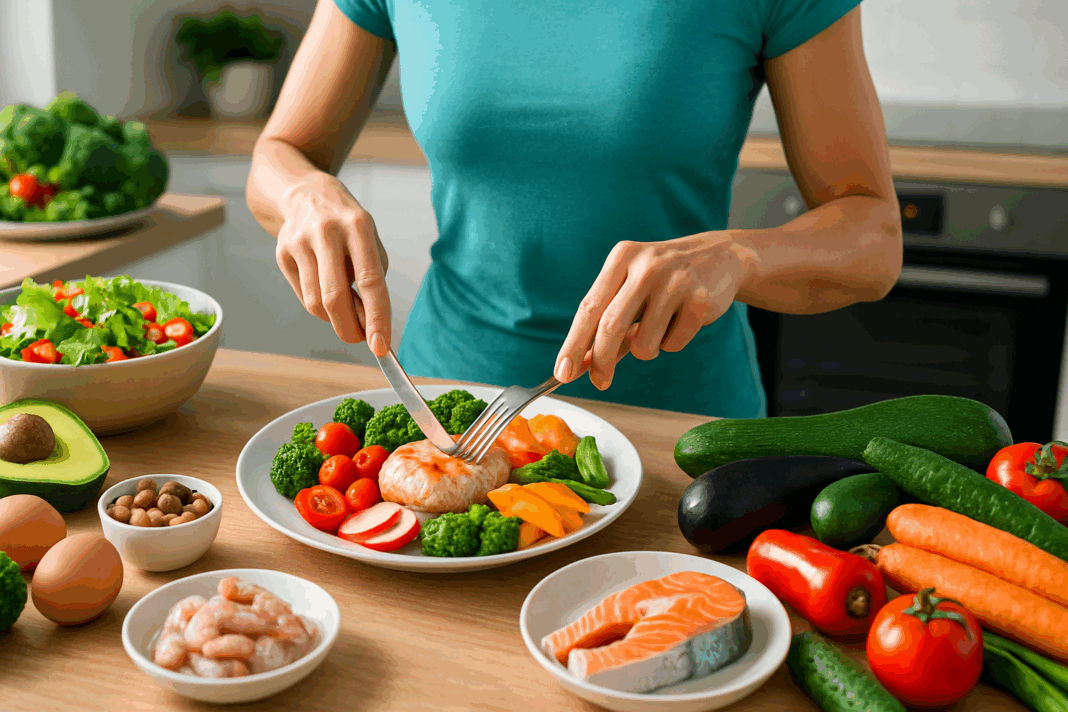 Healthy meal prep scene with fresh low-carb foods like salmon, avocado, and greens, illustrating How to Track Macros on a Low Carb Diet.