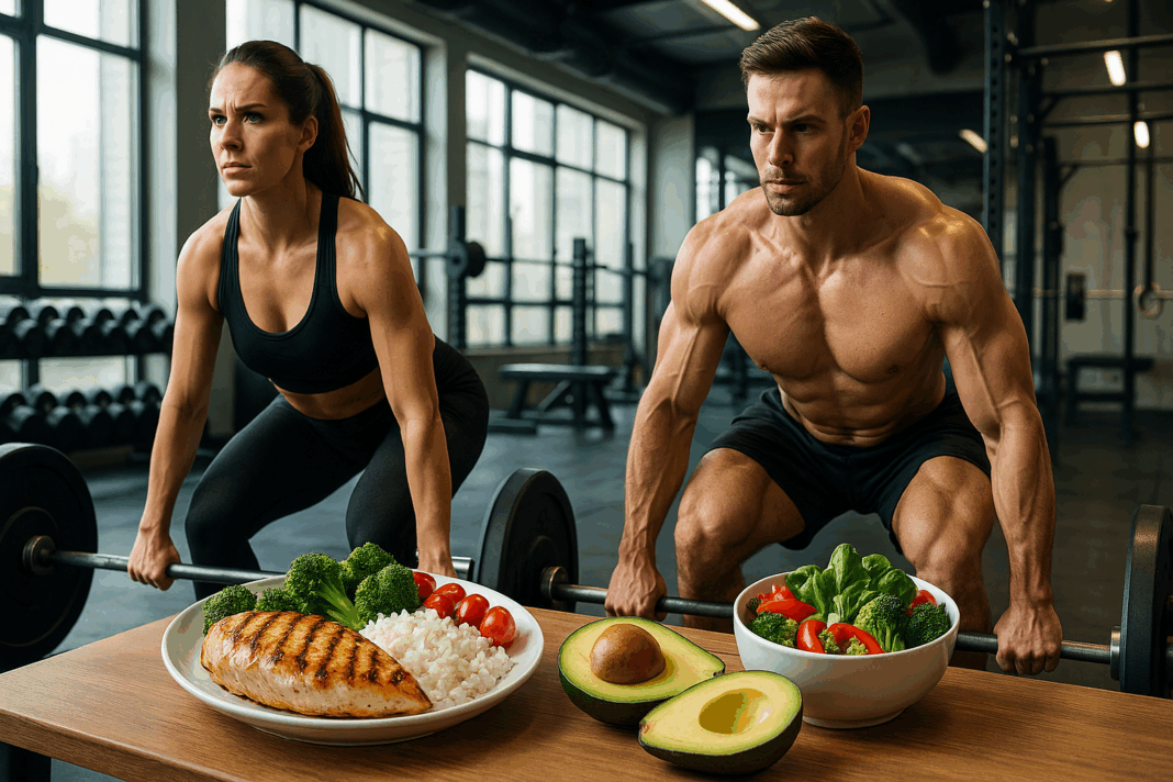 Athletic man and woman lifting weights in a gym with a table of healthy foods like chicken, vegetables, and avocados, representing the Best Macros for Muscle Gain.