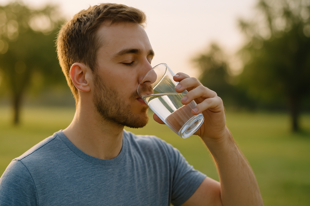 A young man drinks a full glass of water while seated outdoors in soft natural morning light, with greenery and a tranquil atmosphere symbolizing hydration as a fundamental, though often overlooked, macronutrient in human nutrition.